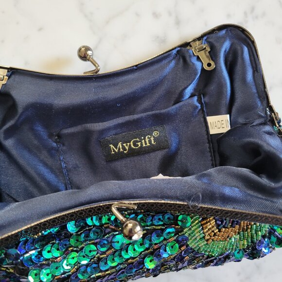 mg Collection Green & Blue Beaded and Sequined Peacock Evening Clutch - Picture 10 of 11